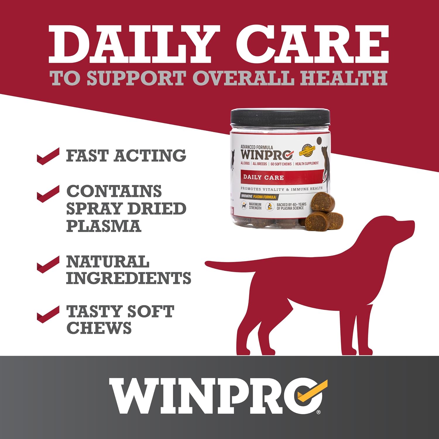 Pet Daily Care Chews for Dogs, 60 Soft Chews, Plasma Powered, Grain Free Supplement for Dogs with Probiotics to Support A Healthy Immune System